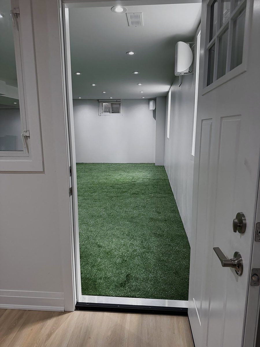 Looking through the studio door onto the turf